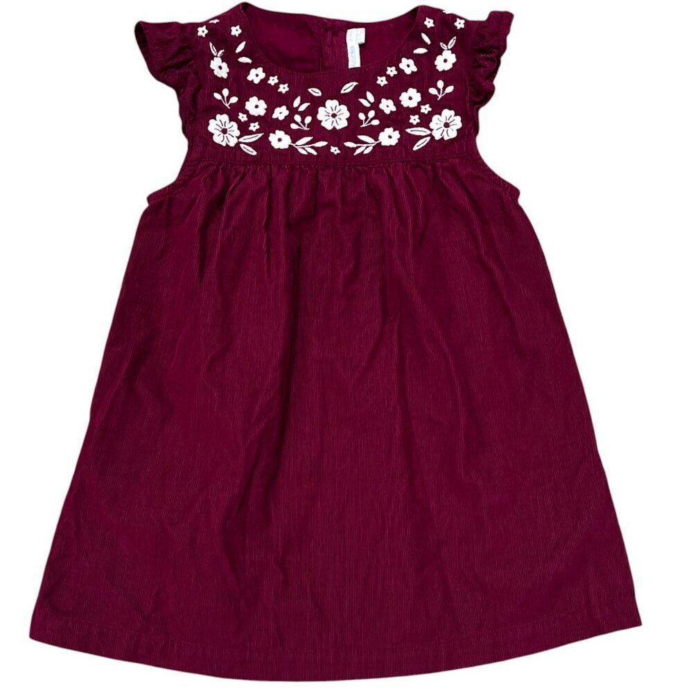 JoJo Maman Bebe Flutter Sleeve Burgundy Dress White Embroidery Size 18-24M